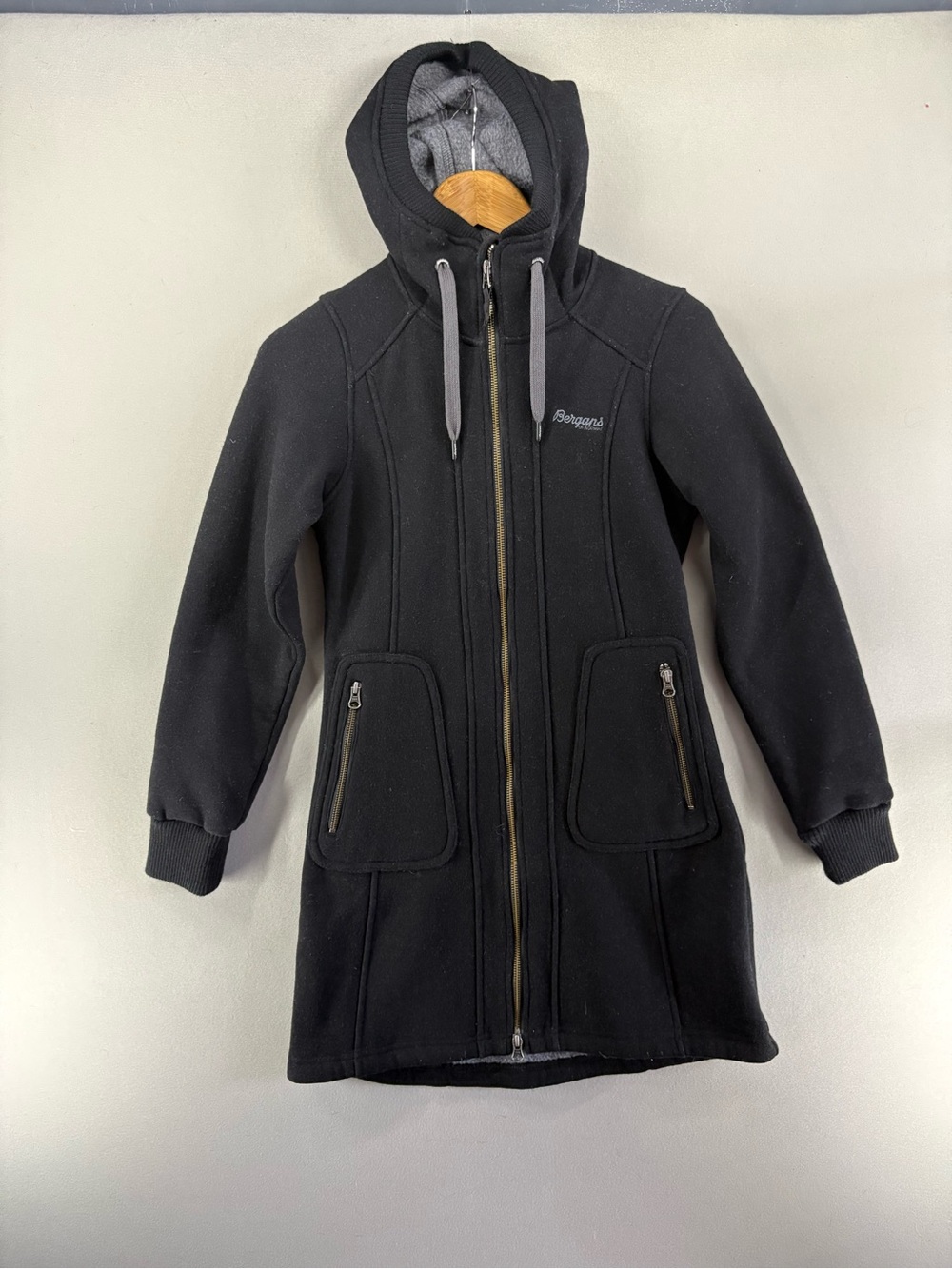 Bergans Of Norway Womens Black Wool Hooded Coat 1880 Myrull Lady Coat size XS